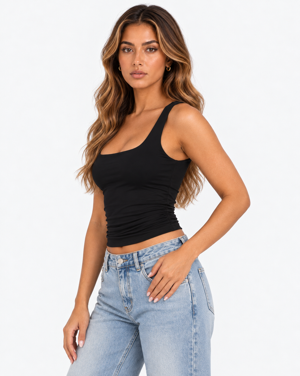 Serina Scoop Neck Top in Black, front three-quarter view.