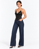 Three-quarter front view of the Aurelie black chainmail halter top.