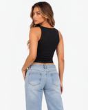 Serina Scoop Neck Top in Black, back three-quarter view.