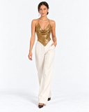 Front view of the Aurelie gold chainmail halter top.