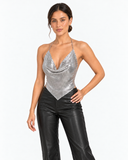 Three-quarter front view of the Aurelie silver chainmail halter top.