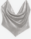 Detail of the draped neckline and pointed hem of the Aurelie silver chainmail halter top.