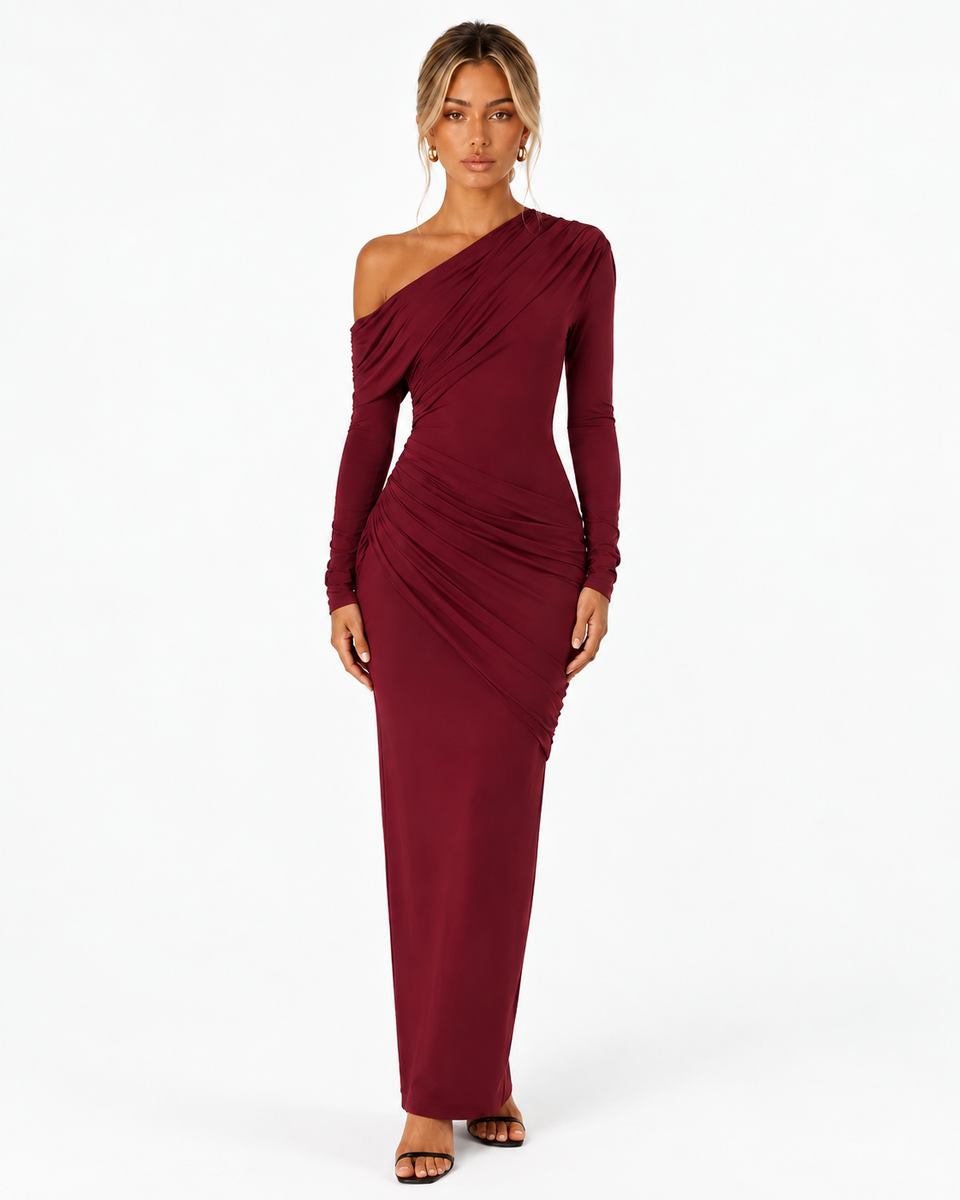 Valentina Off Shoulder Draped Maxi Dress in Wine Red, product view 1