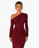Valentina Off Shoulder Draped Maxi Dress in Wine Red, product view 3