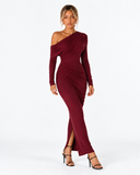 Valentina Off Shoulder Draped Maxi Dress in Wine Red, product view 4
