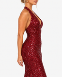Virelle Sequin Halter Maxi Dress – Burgundy