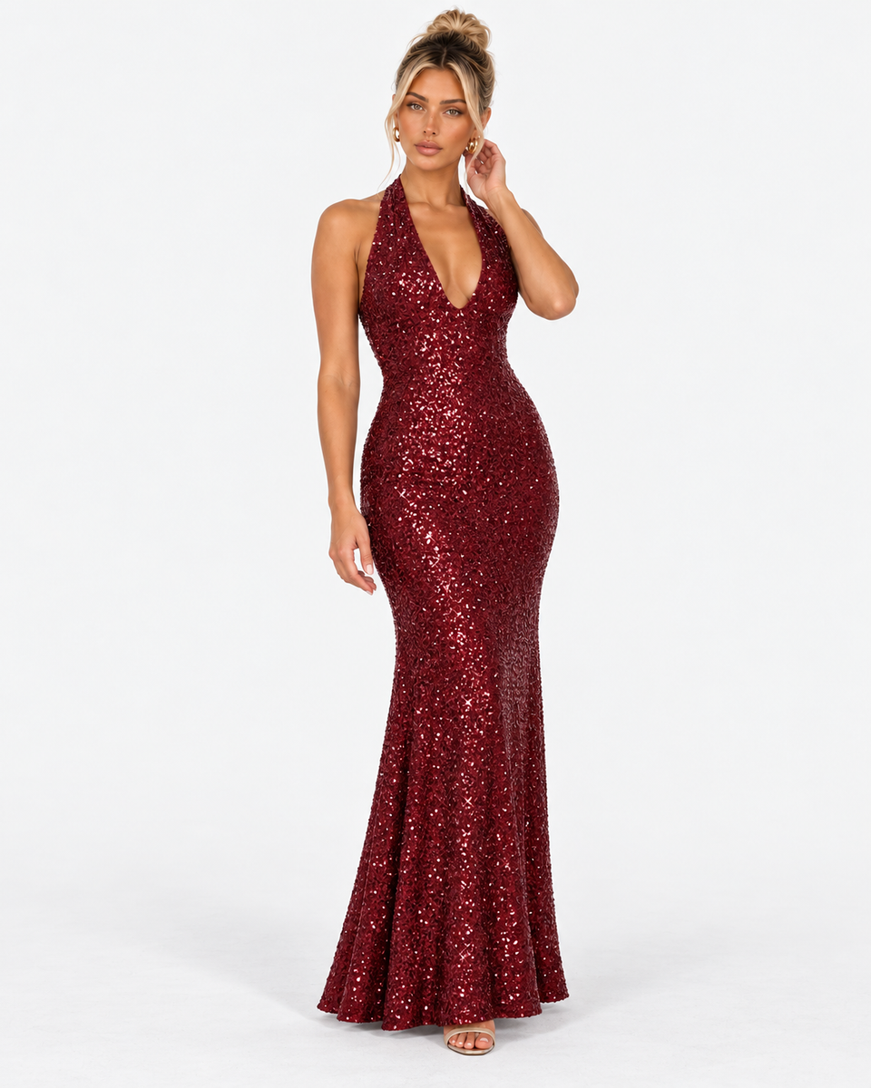 Front view of the Virelle wine red sequin halter maxi dress with a flared full-length skirt.