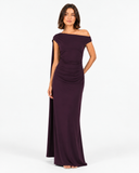 Vivienne Deep Plum draped cape maxi dress, full-length front view