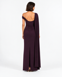 Vivienne Deep Plum draped cape maxi dress, full-length back view showing the cape drape