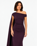 Vivienne Deep Plum draped cape maxi dress, three-quarter front view showing the ruched waist