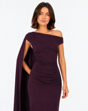Vivienne Deep Plum draped cape maxi dress, close-up front view showing the asymmetric neckline