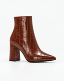 Violetta brown boots, side view showing the pointed toe and block heel.